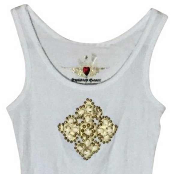 🎄Y2K Twisted Heart Embellished Cross White Tank Medium 4-6 - Picture 2 of 10